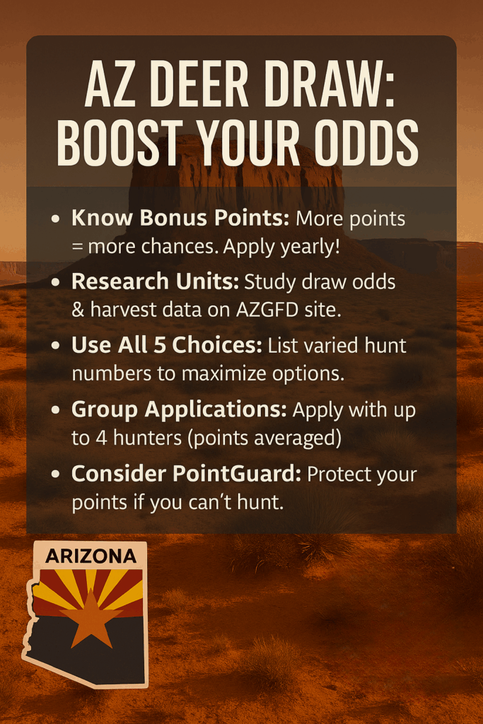 infographic with tips on how to improve odds of drawing a tag during Arizona Deer Hunting season
